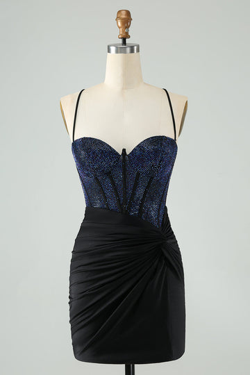 Glitter Svart Bodycon Spaghetti Stropper Korsett Homecoming Kjole med Perle